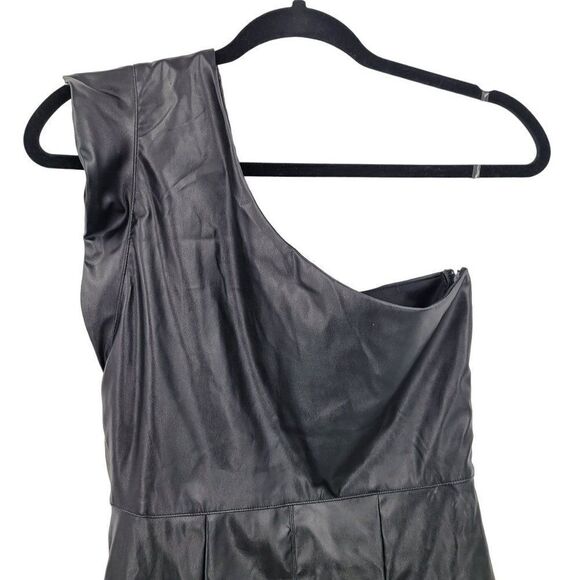 Entro Vegan Faux Leather One Shoulder Mini Dress M Black Ruffle Sexy Cocktail - Picture 7 of 12